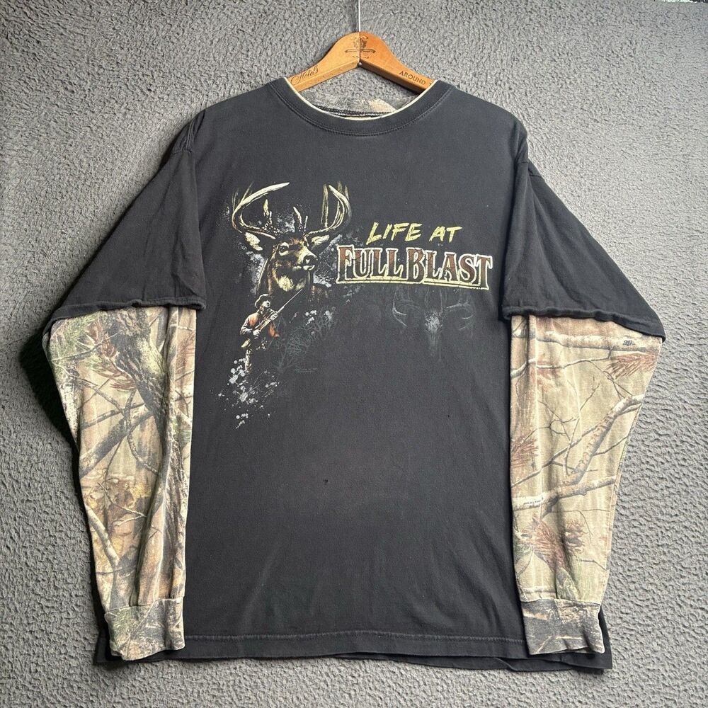 Vtg Buck Wear Trophy Hunter Camo T-Shirt Long Sleeve Faded Grunge 2000s Y2K L